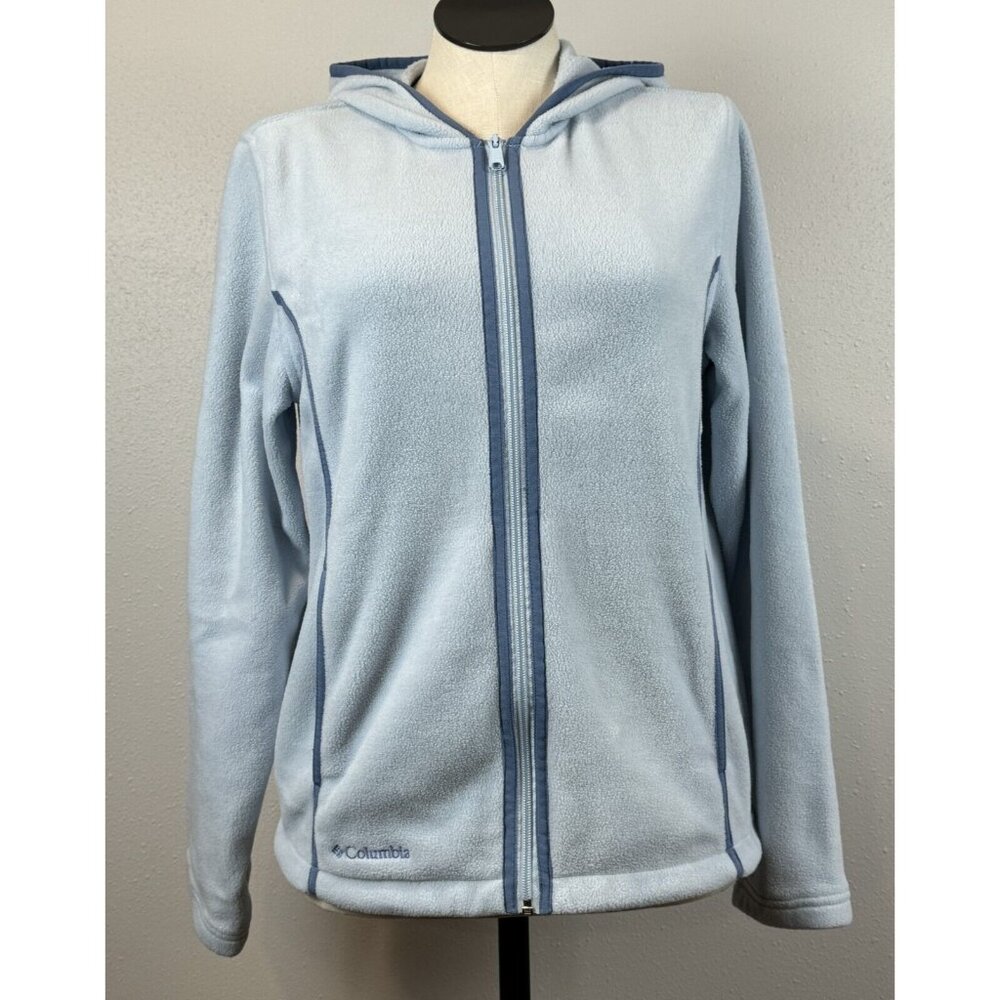 Columbia Hooded Fleece Jacket Womens Size L Full-Zip Light Blue Pockets Contrast